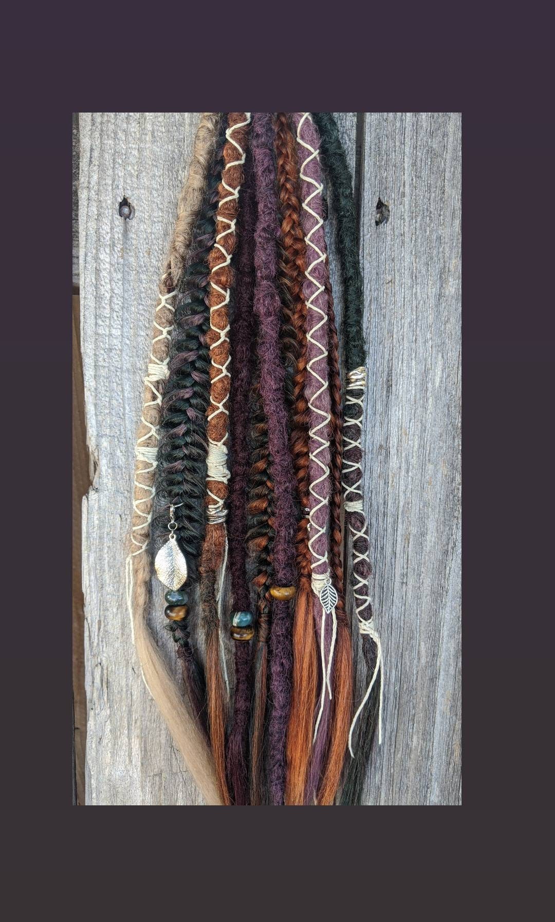 Autumn Earthy Vibes Dreads and Braids Hair Extensions accent set. Brown, copper- orange, auburn, plum, forest green, sage