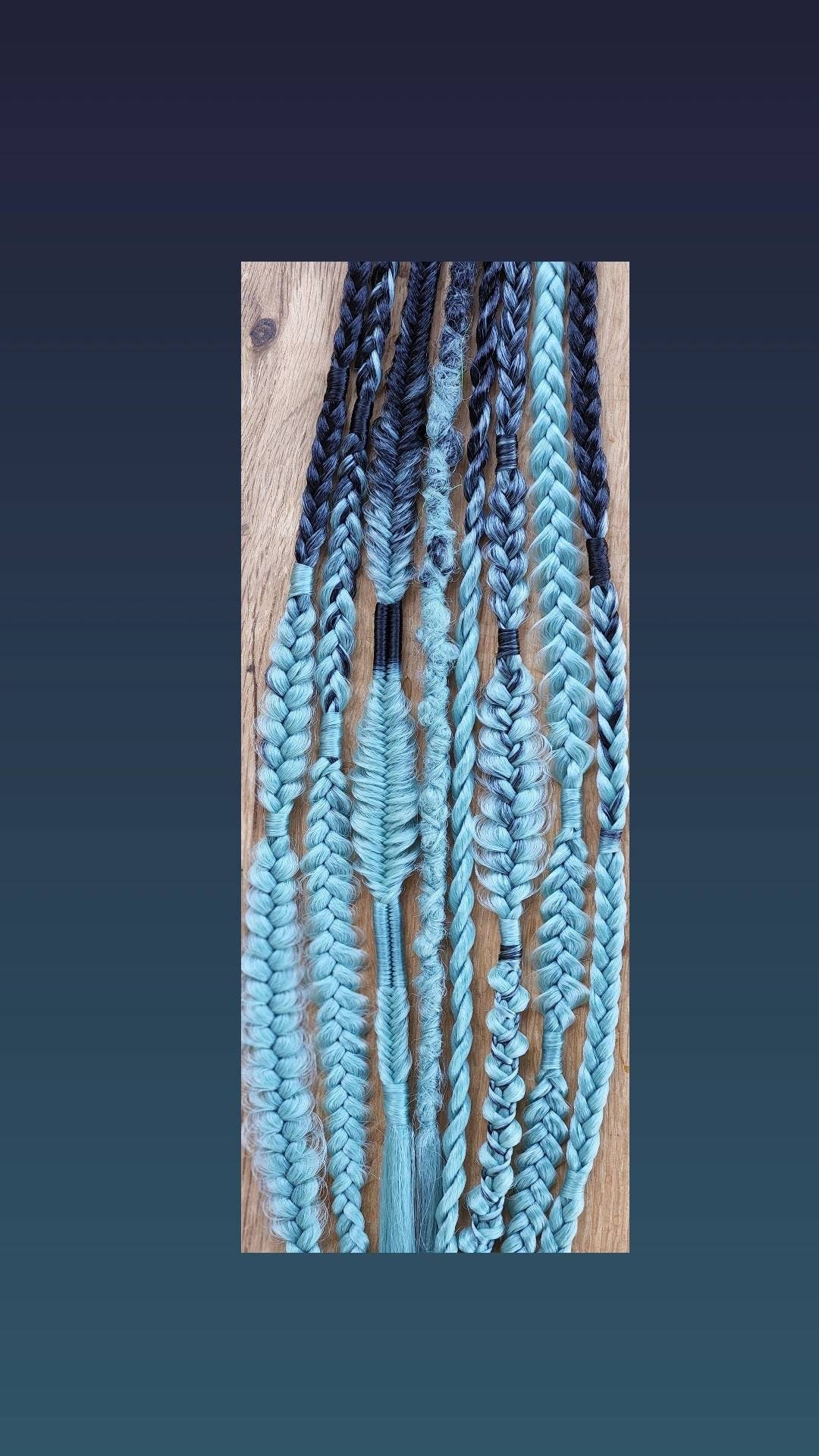 Black and Mint Green Ombre mixed puffy box fishtail braids and One dreadlock Single Ended Synthetic Extensions