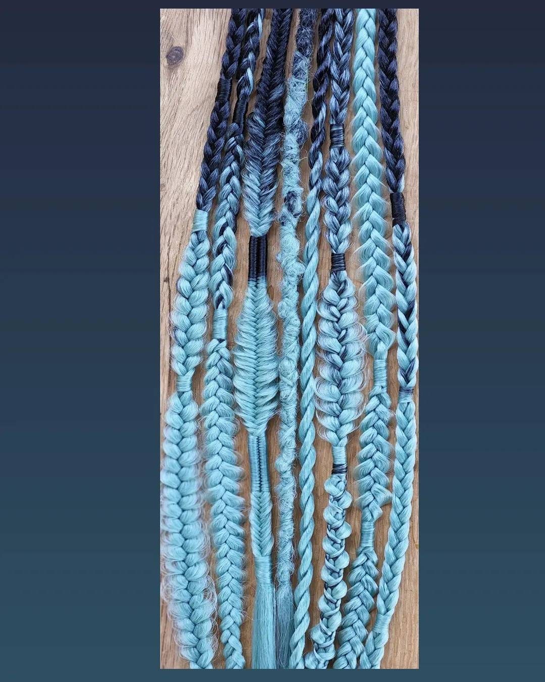 Black and Mint Green Ombre mixed puffy box fishtail braids and One dreadlock Single Ended Synthetic Extensions