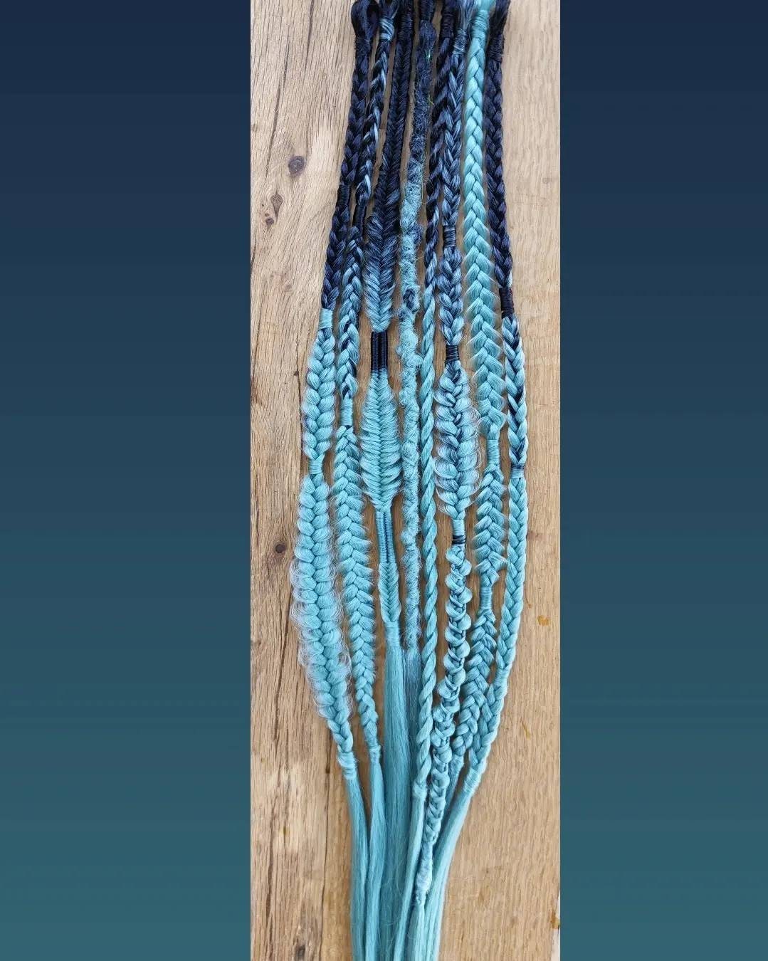 Black and Mint Green Ombre mixed puffy box fishtail braids and One dreadlock Single Ended Synthetic Extensions