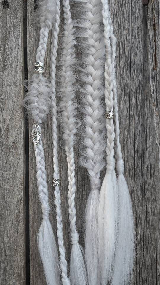 Silver White Braid Set. Unicorn Hair. Gold or Silver Adornments. Mixed puffy fishtail Synthetic Extensions