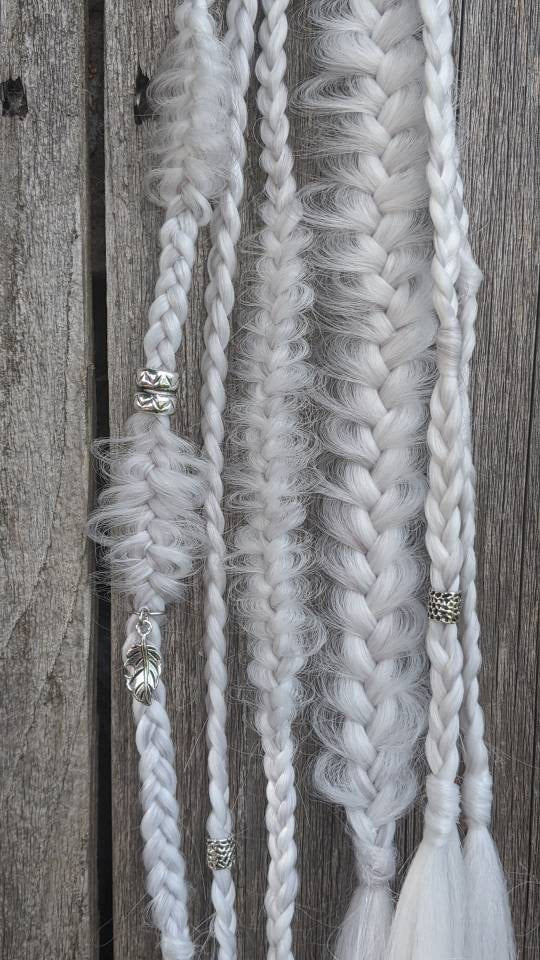 Silver White Braid Set. Unicorn Hair. Gold or Silver Adornments. Mixed puffy fishtail Synthetic Extensions