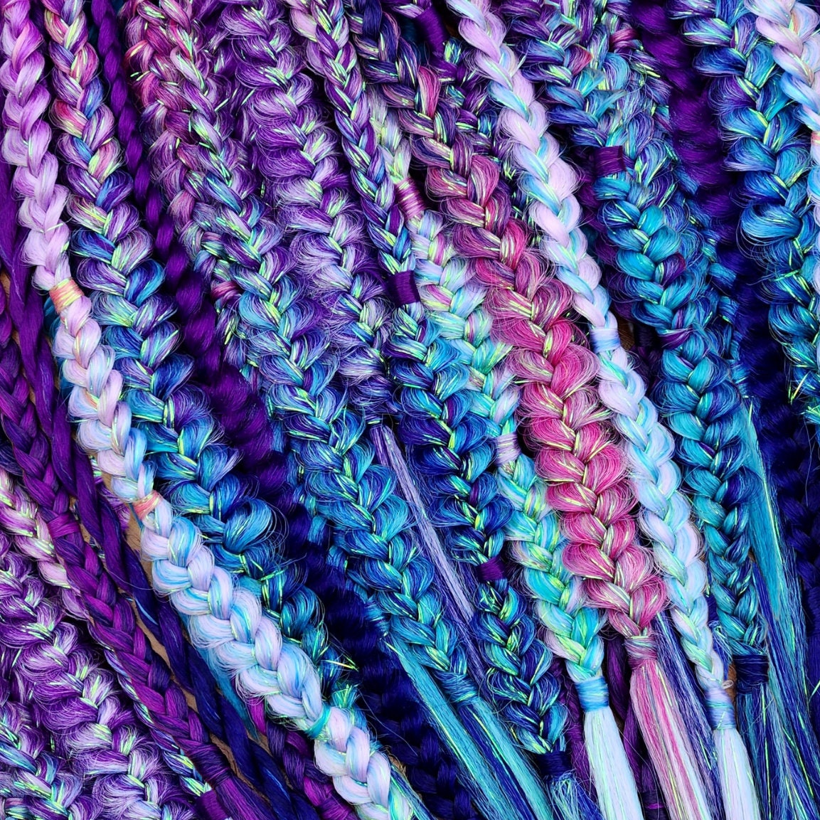 Mermaid Sparkle Braids | Tinsel Glitter Watery | mixed puffy fishtail box twists braids. Blue Pink Purple | Festival Rave braid Extensions