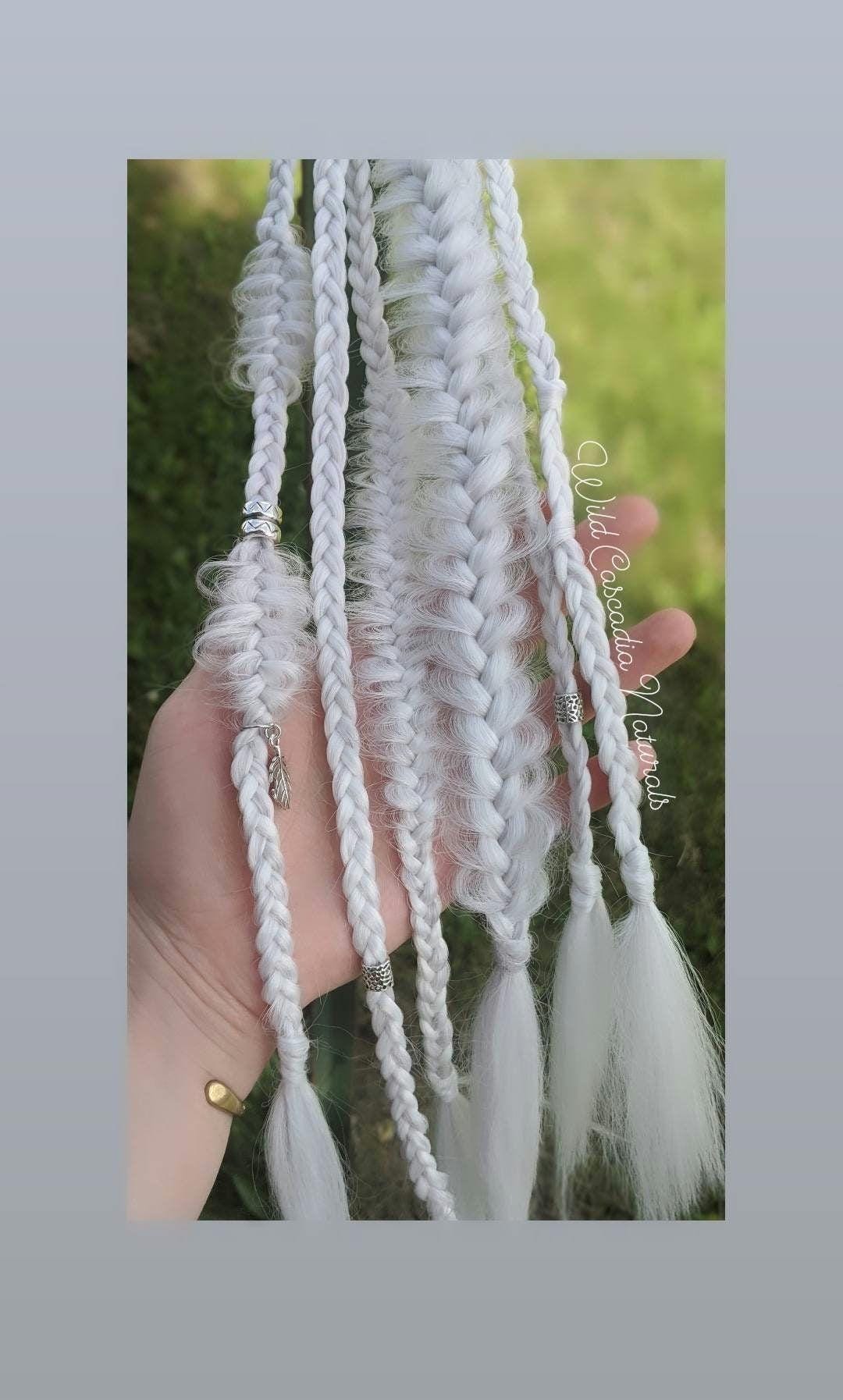 Silver White Braid Set. Unicorn Hair. Gold or Silver Adornments. Mixed puffy fishtail Synthetic Extensions