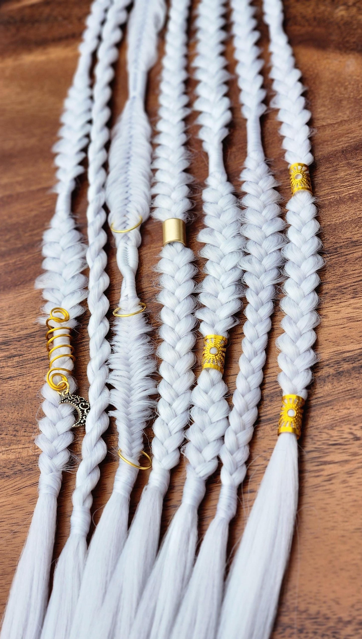 Silver White Braid Set. Unicorn Hair. Gold or Silver Adornments. Mixed puffy fishtail Synthetic Extensions