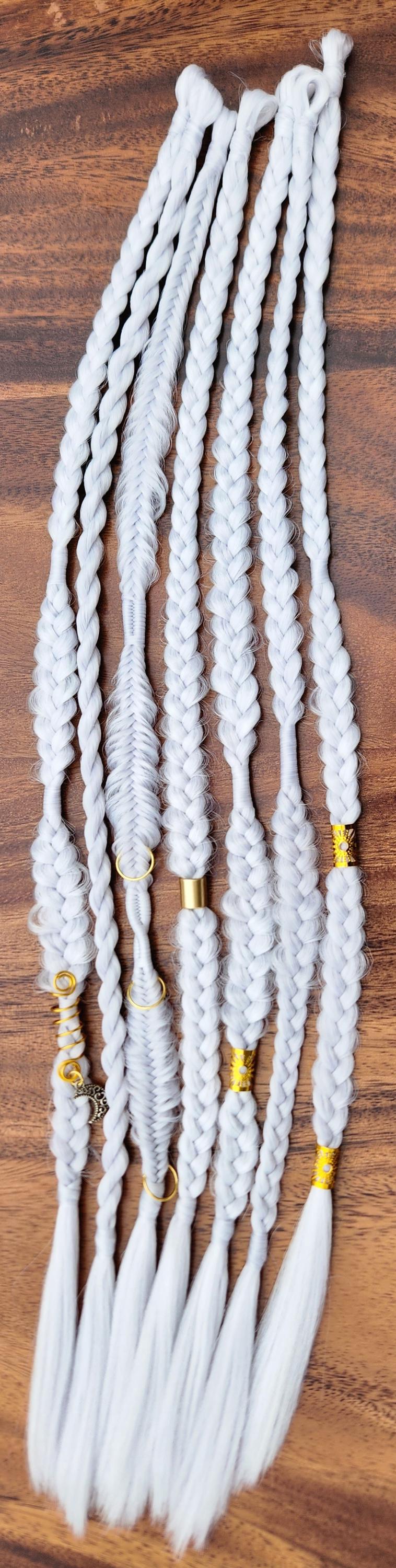 Silver White Braid Set. Unicorn Hair. Gold or Silver Adornments. Mixed puffy fishtail Synthetic Extensions