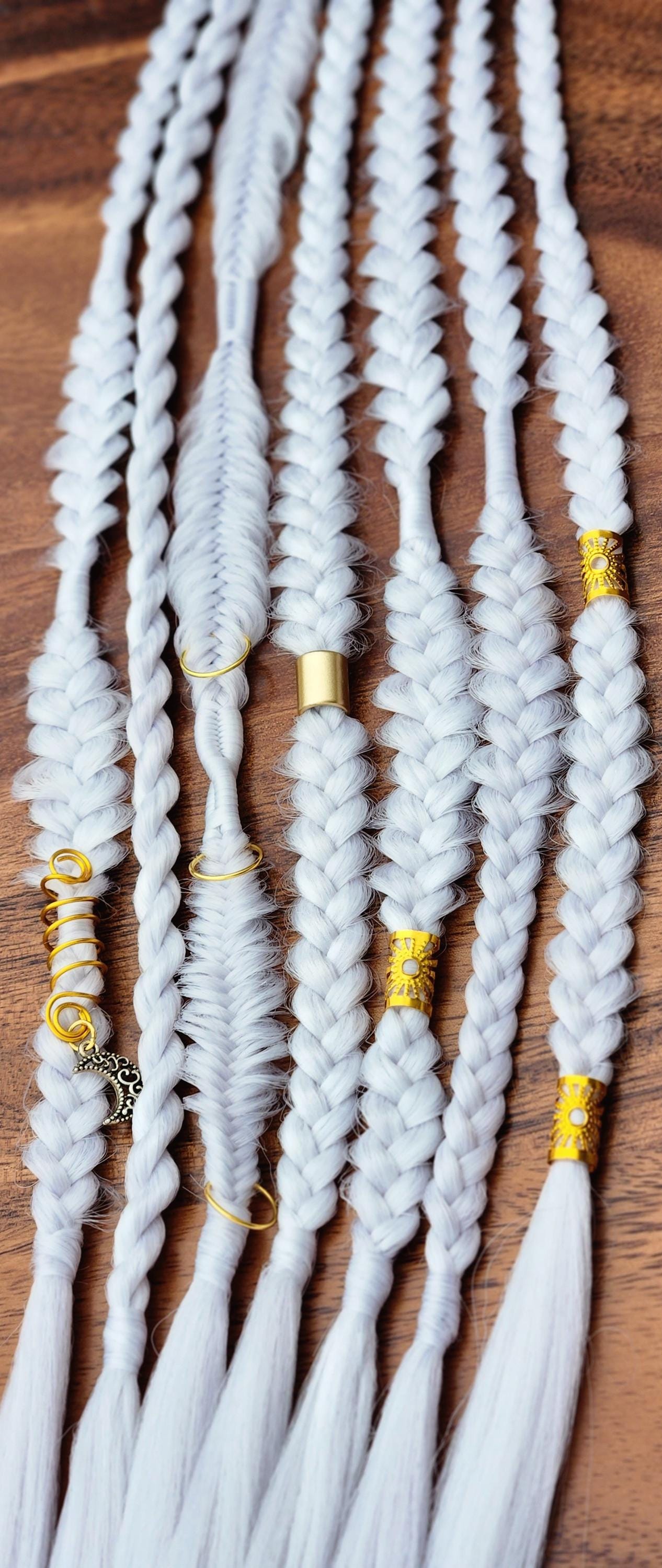 Silver White Braid Set. Unicorn Hair. Gold or Silver Adornments. Mixed puffy fishtail Synthetic Extensions