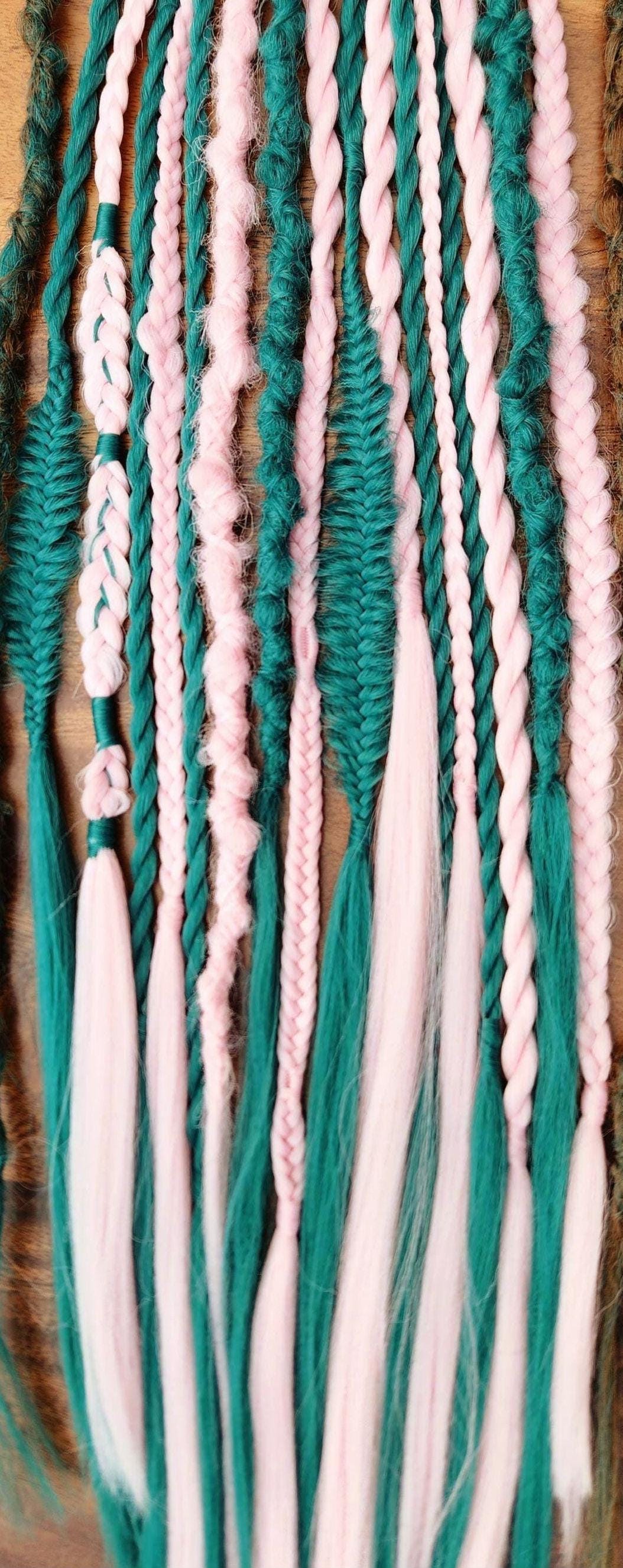Ready to Ship Ocean Green and Pastel Pink Ready to Ship set of Dreadlocks and Braids