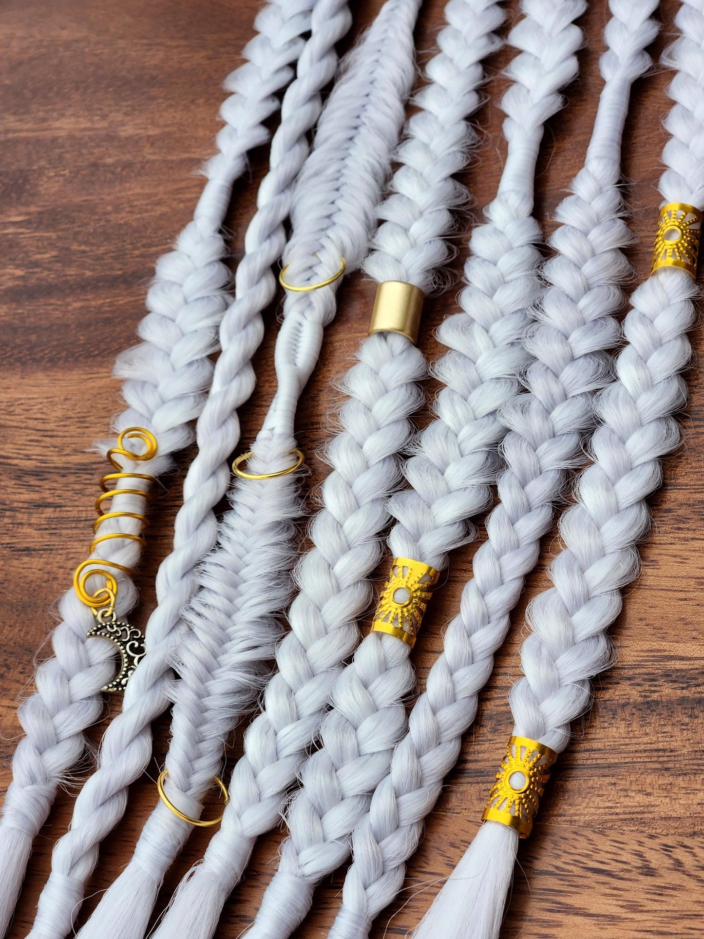 Silver White Braid Set. Unicorn Hair. Gold or Silver Adornments. Mixed puffy fishtail Synthetic Extensions