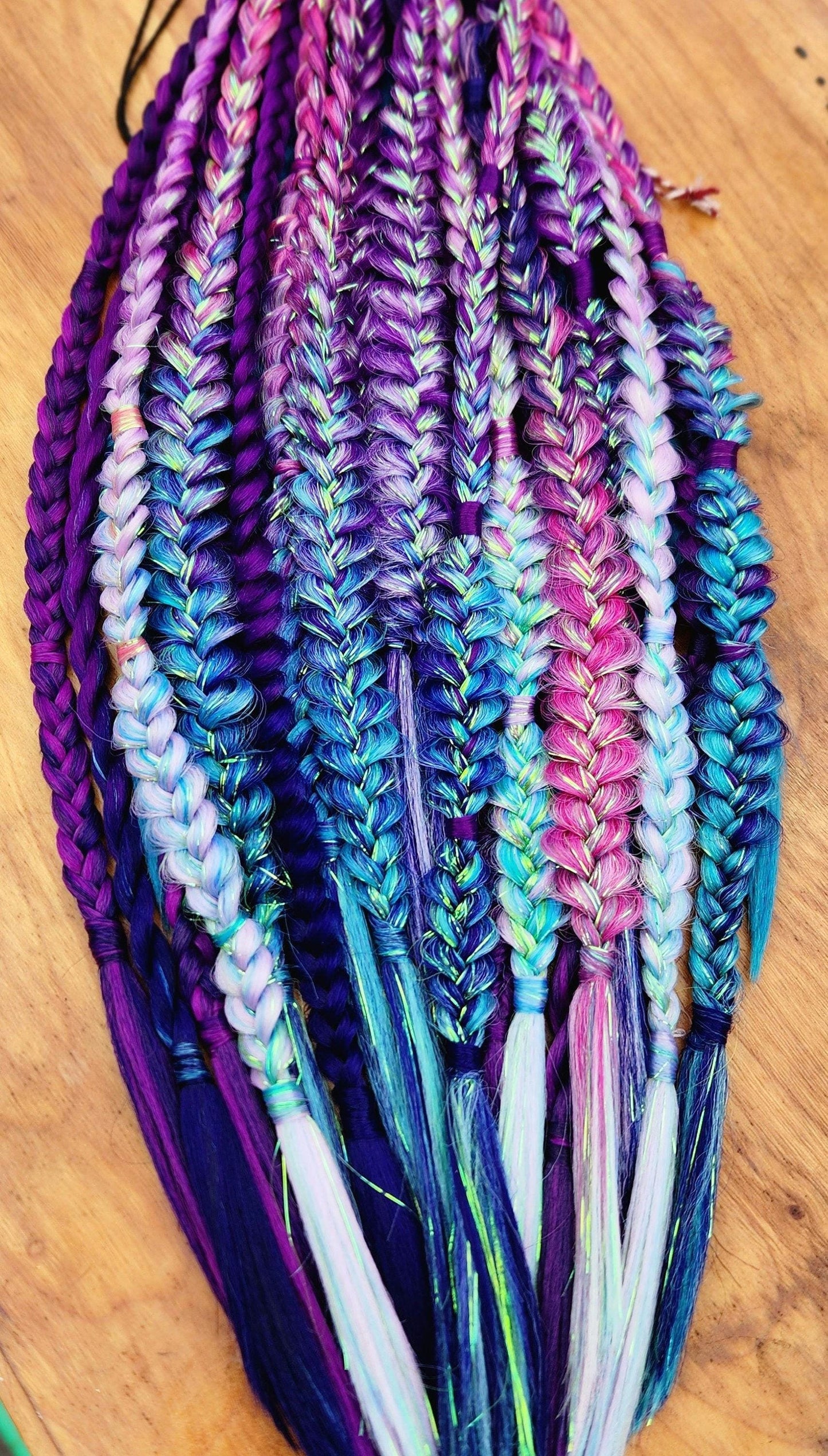 Mermaid Sparkle Braids | Tinsel Glitter Watery | mixed puffy fishtail box twists braids. Blue Pink Purple | Festival Rave braid Extensions