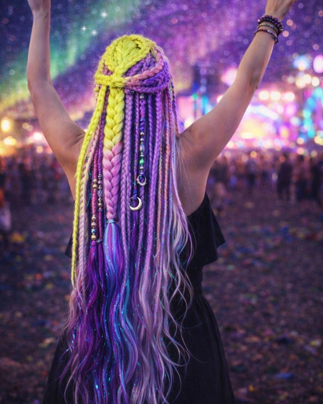 Neon Borealis Bloom Braiding Hair | Yellow, Pink & Purple Sparkle