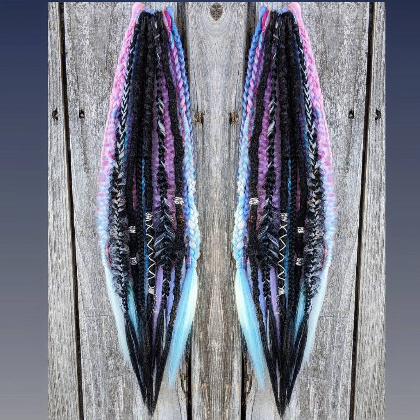 Black and Pastel Unicorn Vibes Dreads and Braids accent set. Blue pink purple black hair extensions