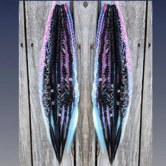 Black and Pastel Unicorn Vibes Dreads and Braids accent set. Blue pink purple black hair extensions