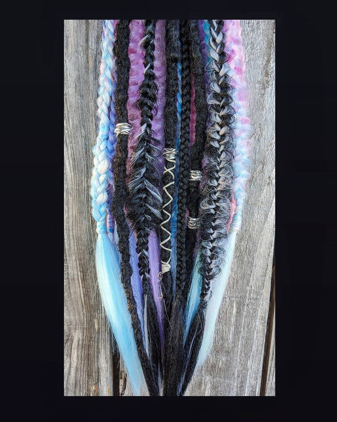 Black and Pastel Unicorn Vibes Dreads and Braids accent set. Blue pink purple black hair extensions