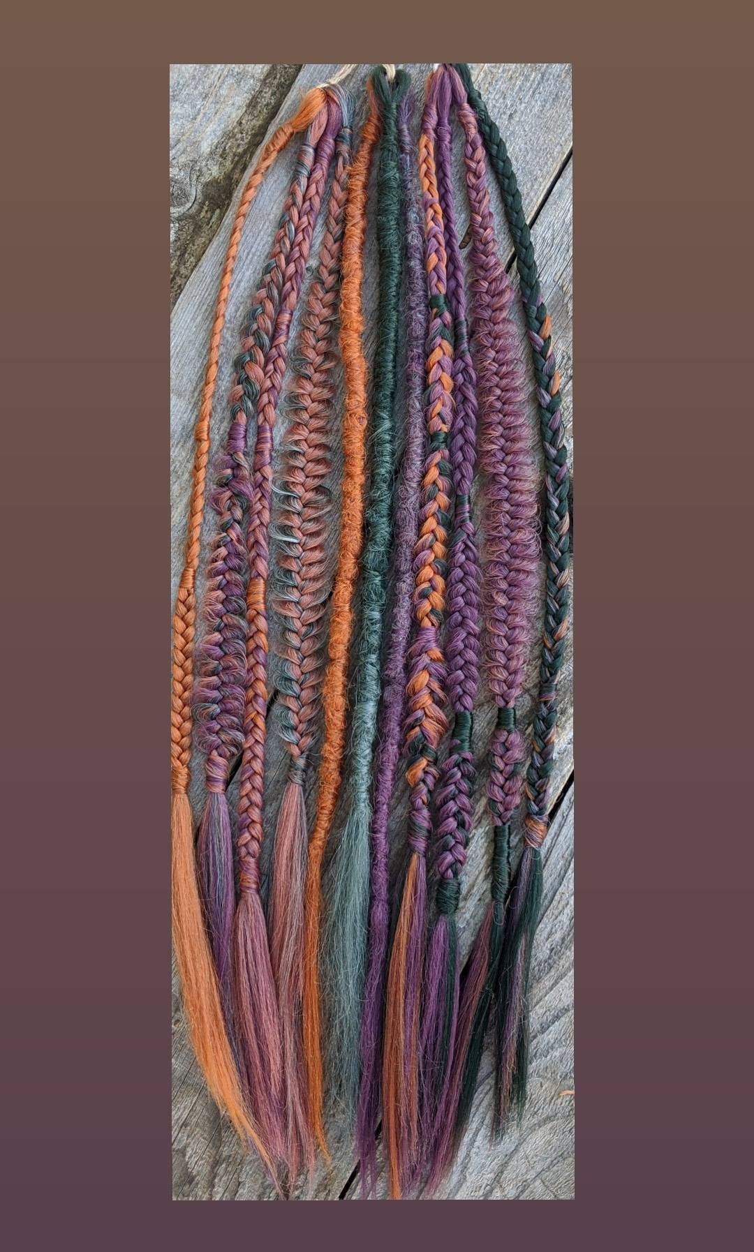 Autumn Earthy Rainbow Mix  Dreads and Braids Hair Extensions accent set. Brown, orange, auburn, plum, forest green, sage
