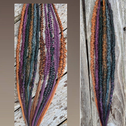 Autumn Earthy Rainbow Mix  Dreads and Braids Hair Extensions accent set. Brown, orange, auburn, plum, forest green, sage