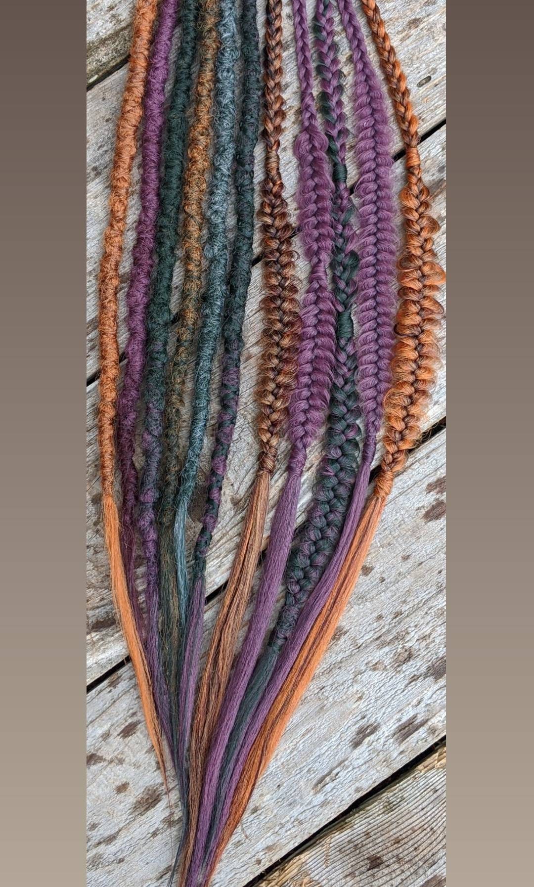 Autumn Earthy Rainbow Mix  Dreads and Braids Hair Extensions accent set. Brown, orange, auburn, plum, forest green, sage