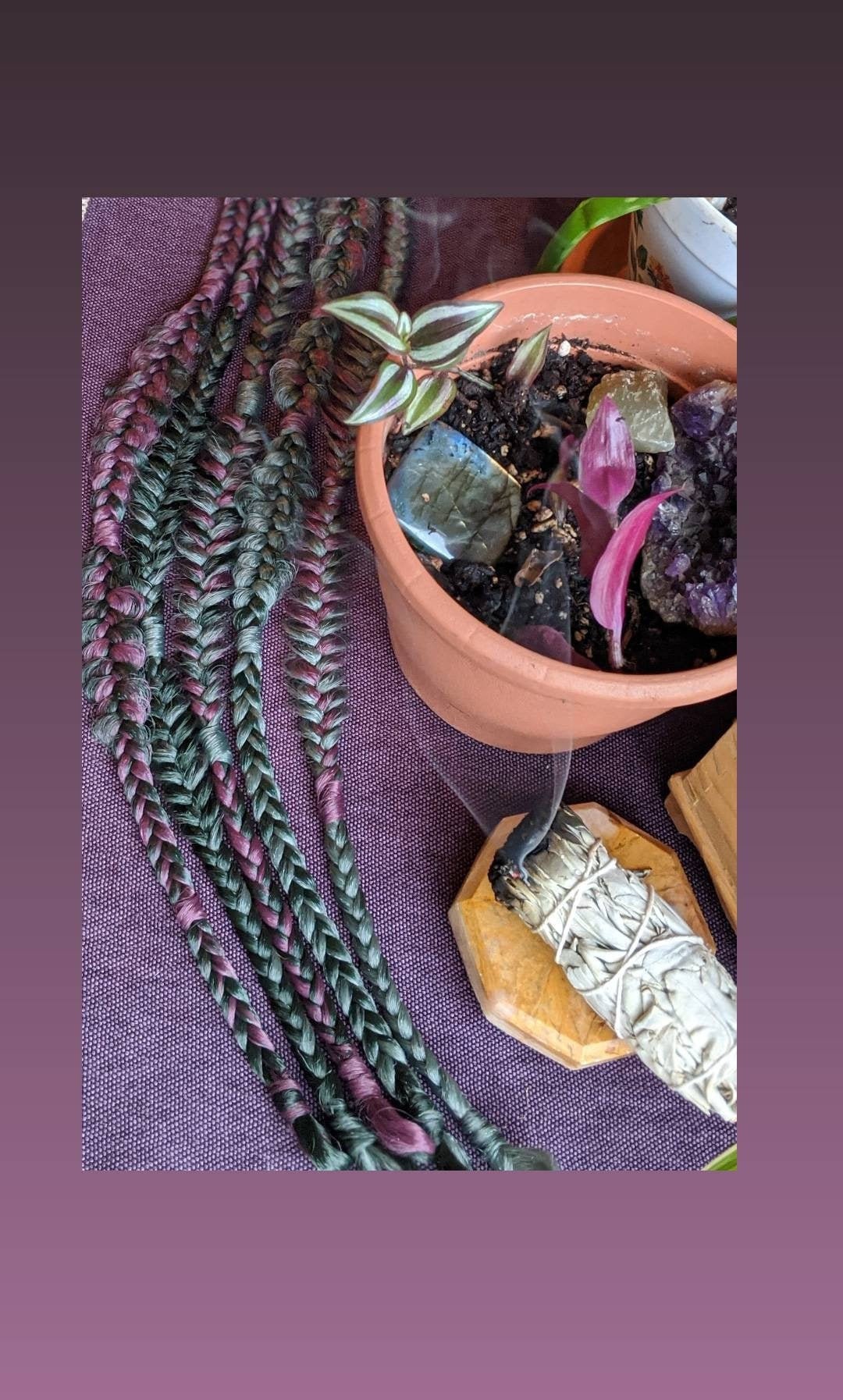 Plum, Mauve, Sage, Evergreen Braids accent set of 4 mixed puffy, fishtail, box, mixed braids