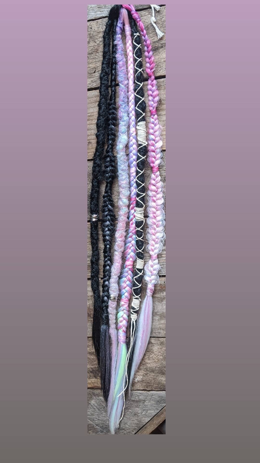 Black and Pastel Pink Blue Purple Green Unicorn Vibes Dreads and Braids accent set.