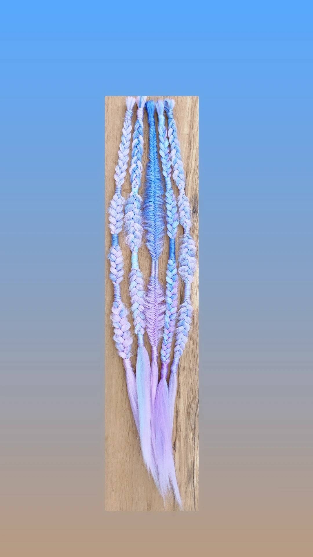 Pastel Unicorn Blue Purple Pink Ombre set of Single Ended Puffy Mixed Box Fishtail Braids. Festival Braid