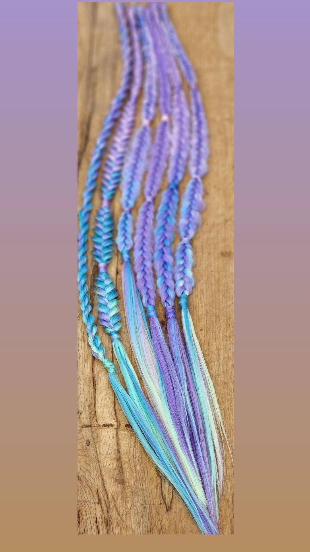 Pastel Unicorn Blue Purple Pink Ombre set of Single Ended Puffy Mixed Box Fishtail Braids. Festival Braid