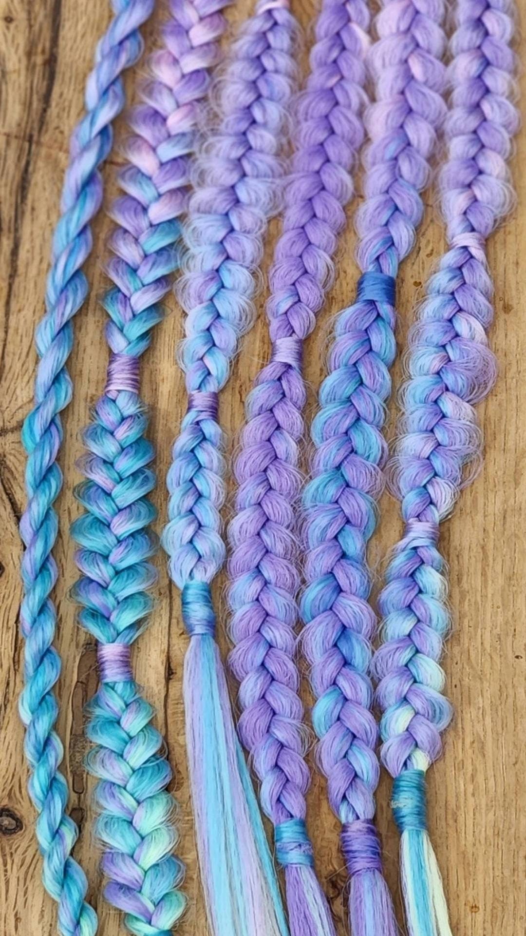 Pastel Unicorn Blue Purple Pink Ombre set of Single Ended Puffy Mixed Box Fishtail Braids. Festival Braid