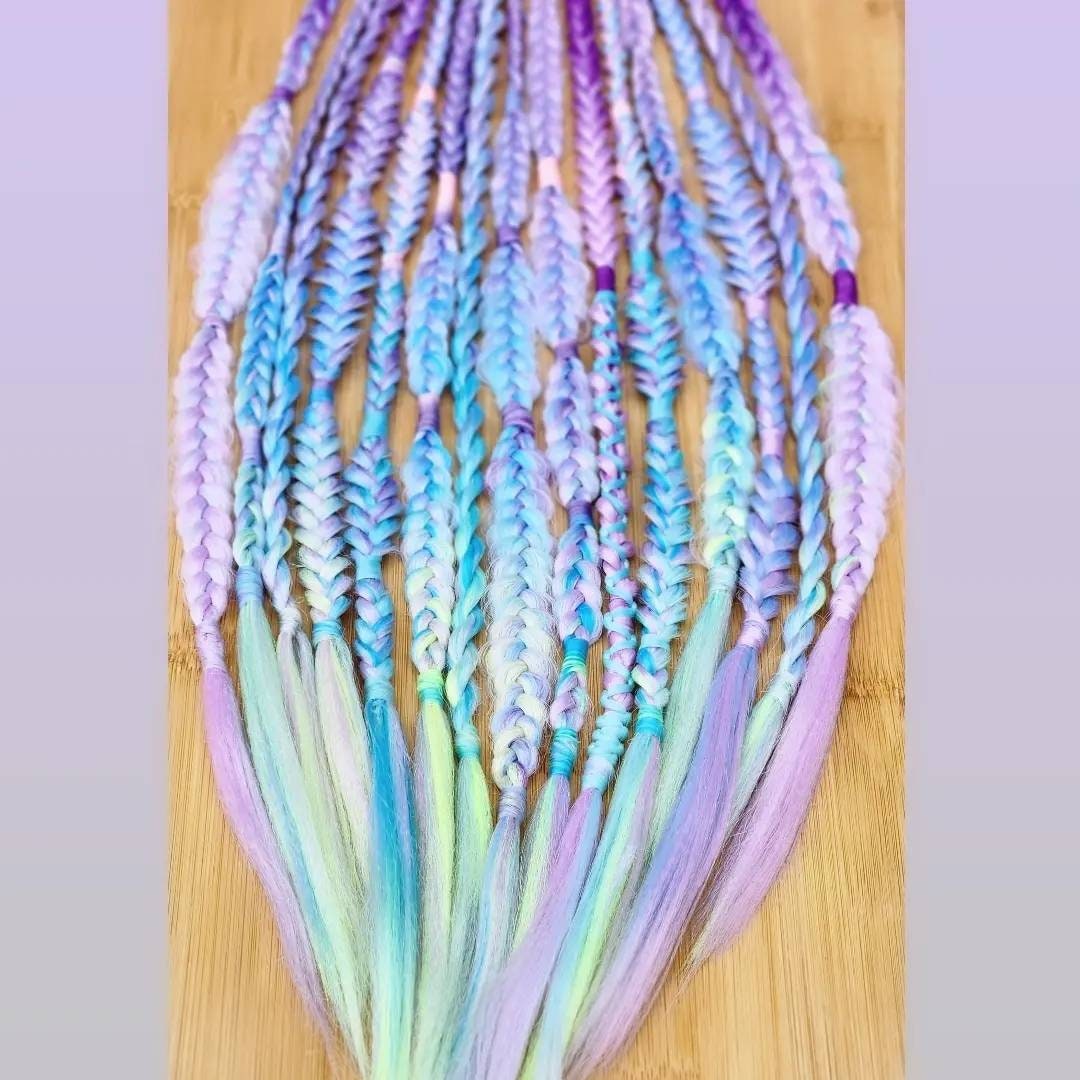 Pastel Unicorn Blue Purple Pink Ombre set of Single Ended Puffy Mixed Box Fishtail Braids. Festival Braid