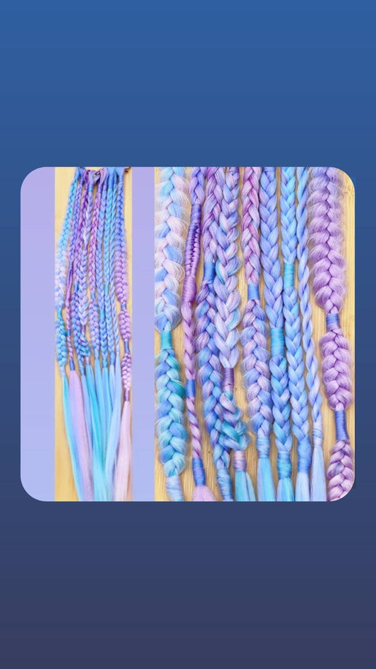 Pastel Unicorn Rainbow Blue Pink Purple Green Single Ended Puffy Mixed Box Fishtail Festival Braids