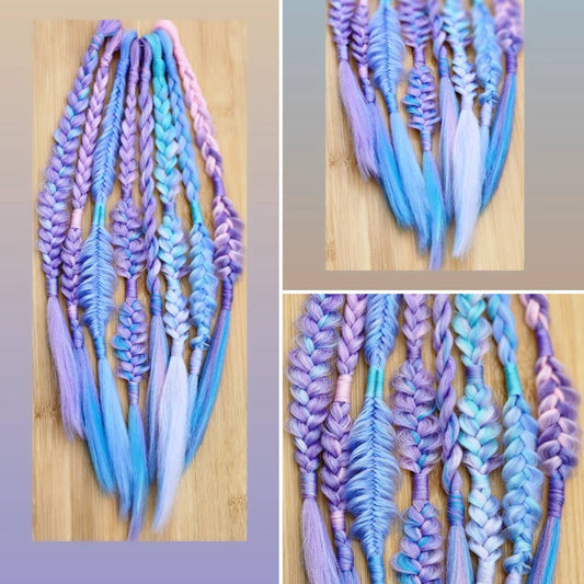 Pastel Unicorn Blue Purple Pink Ombre set of Single Ended Puffy Mixed Box Fishtail Braids. Festival Braid